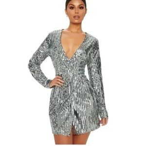 PrettyLittleThing Silver Sequin Long Sleeve Mini V-Neck Dress